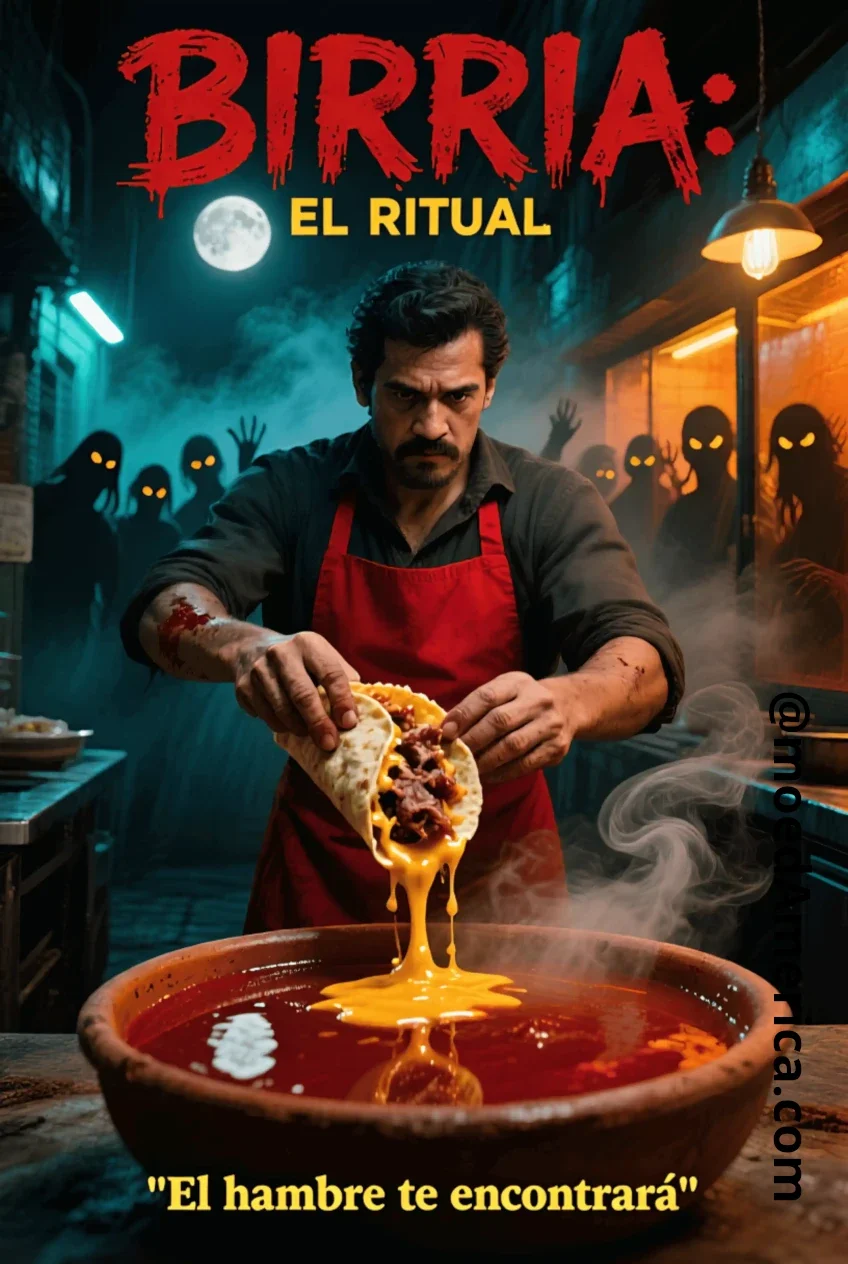 Póster de estilo cinematográfico titulado Birria El Ritual con un taquero sirviendo un taco de queso y birria sobre consomé humeante en un ambiente nocturno.
