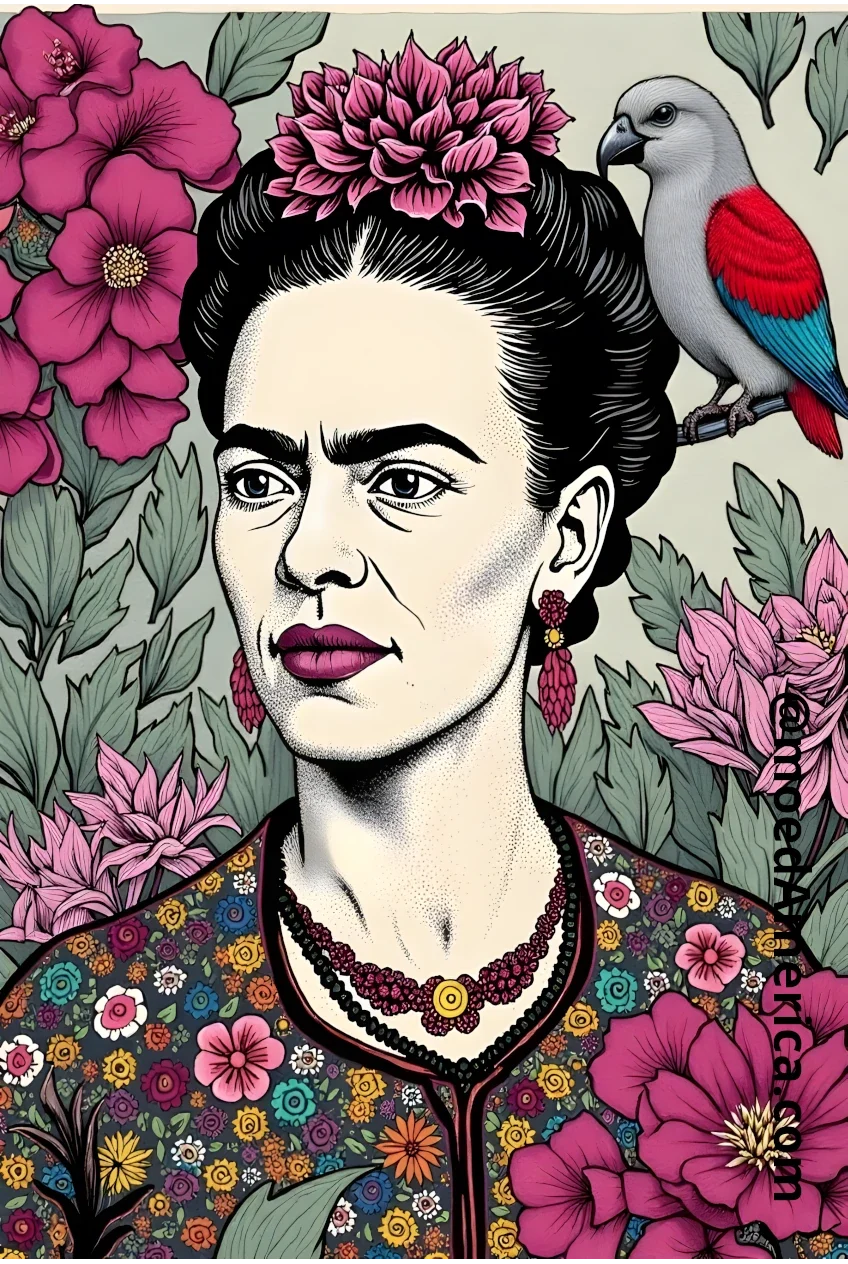 Ilustración digital estilo póster de Frida Kahlo con tocado de flores rosa, loro tropical en el hombro y fondo botánico verde sabio.